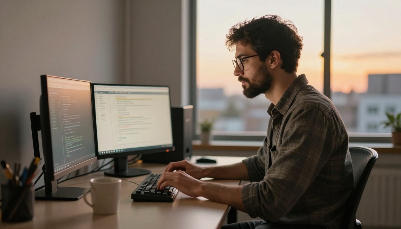 A developer typing at a standing desk in golden evening light