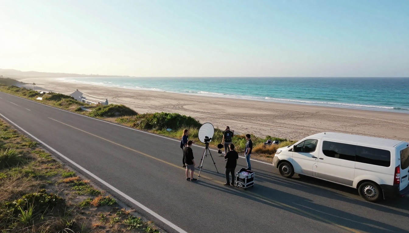 Aerial view of a small film crew setting up a camera on a coastal road at sunrise