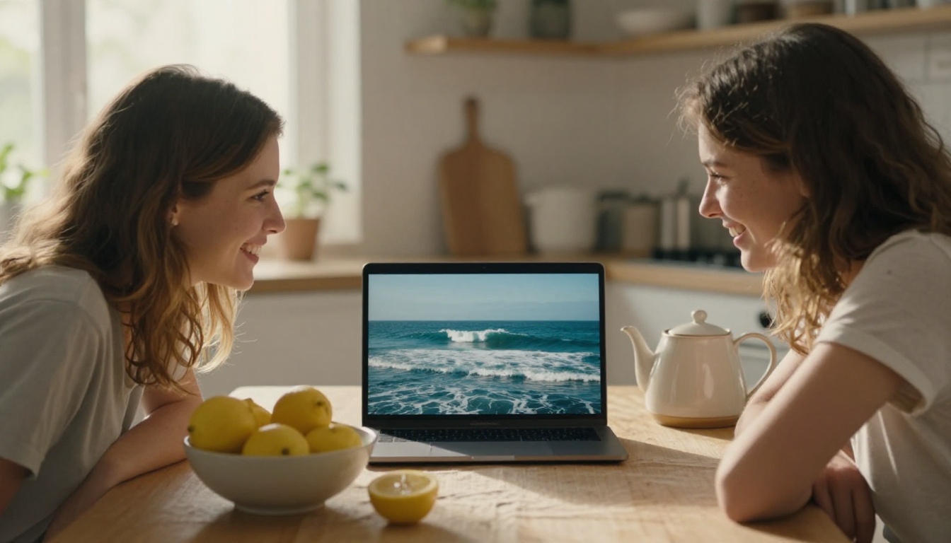 Two friends smiling at a finished ocean wave video on a laptop at a sunlit kitchen table
