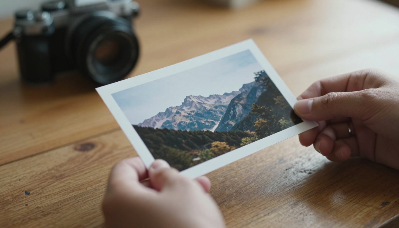 A photographer's hands holding a printed mountain photograph slightly lifted off a wooden table