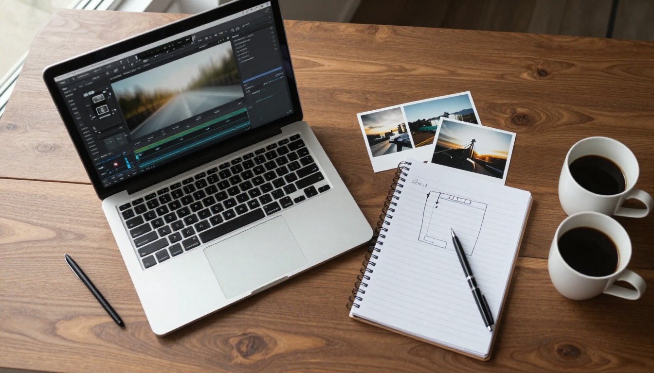Overhead view of a walnut desk with a laptop, a notebook diagram and printed photographs