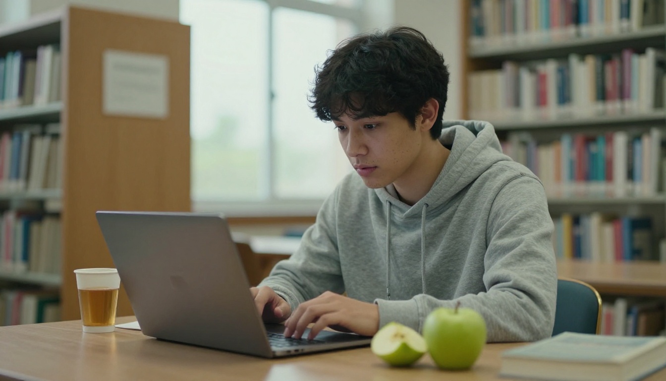 A university student typing on a laptop in a quiet library carrel