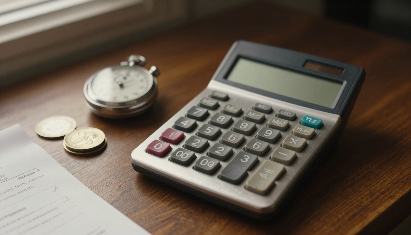 A vintage desk calculator beside coins, a receipt and a stopwatch