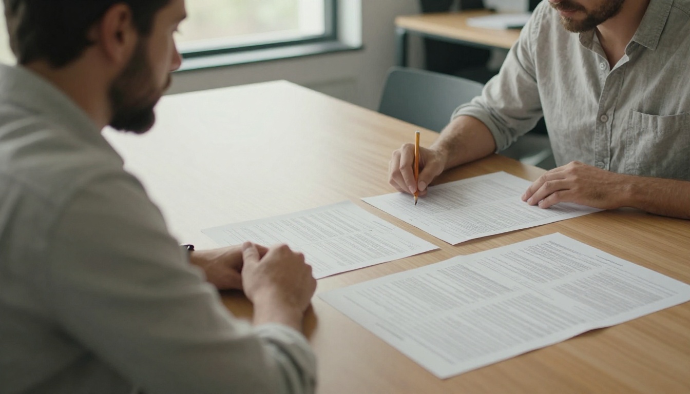 A man comparing three printed spreadsheets side by side on a conference table