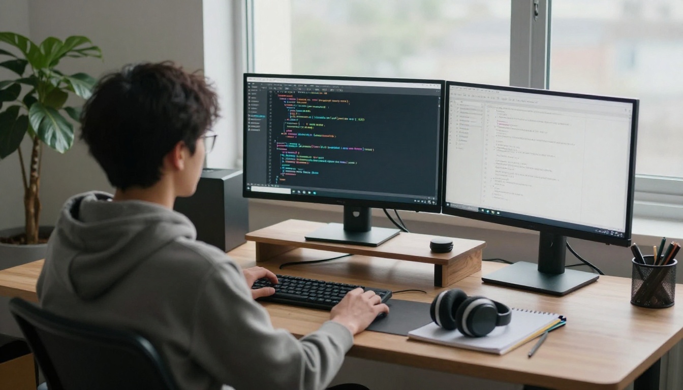 A software developer at a standing desk with two monitors showing blurred code