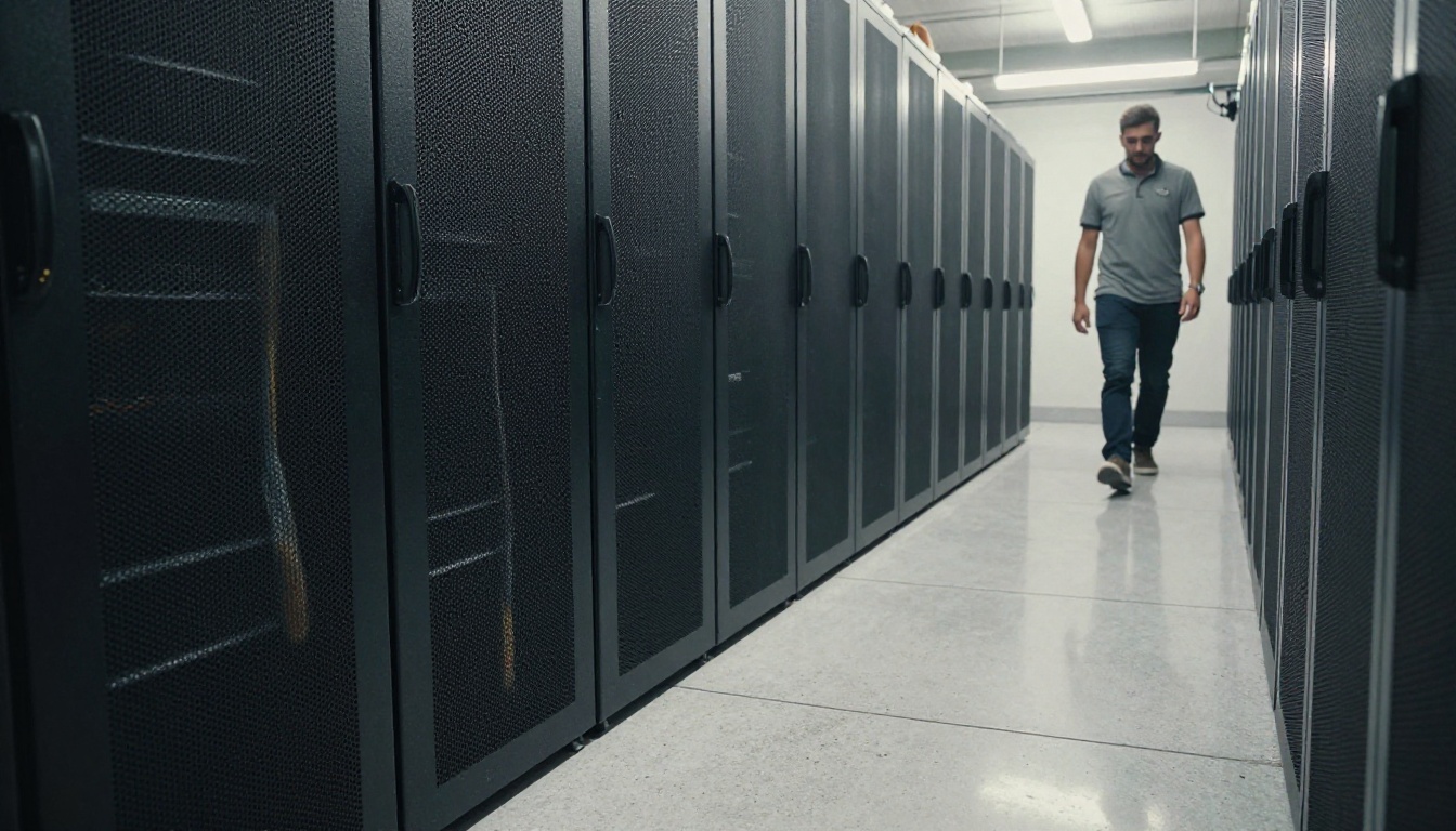 A small data center aisle with rows of black server racks