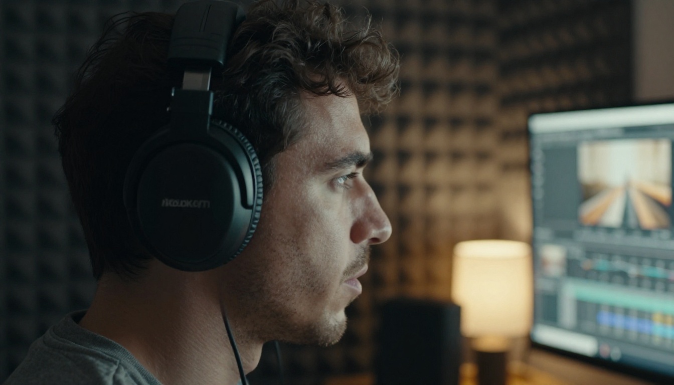 A video editor with headphones around the neck reviewing a frame in a dim edit suite