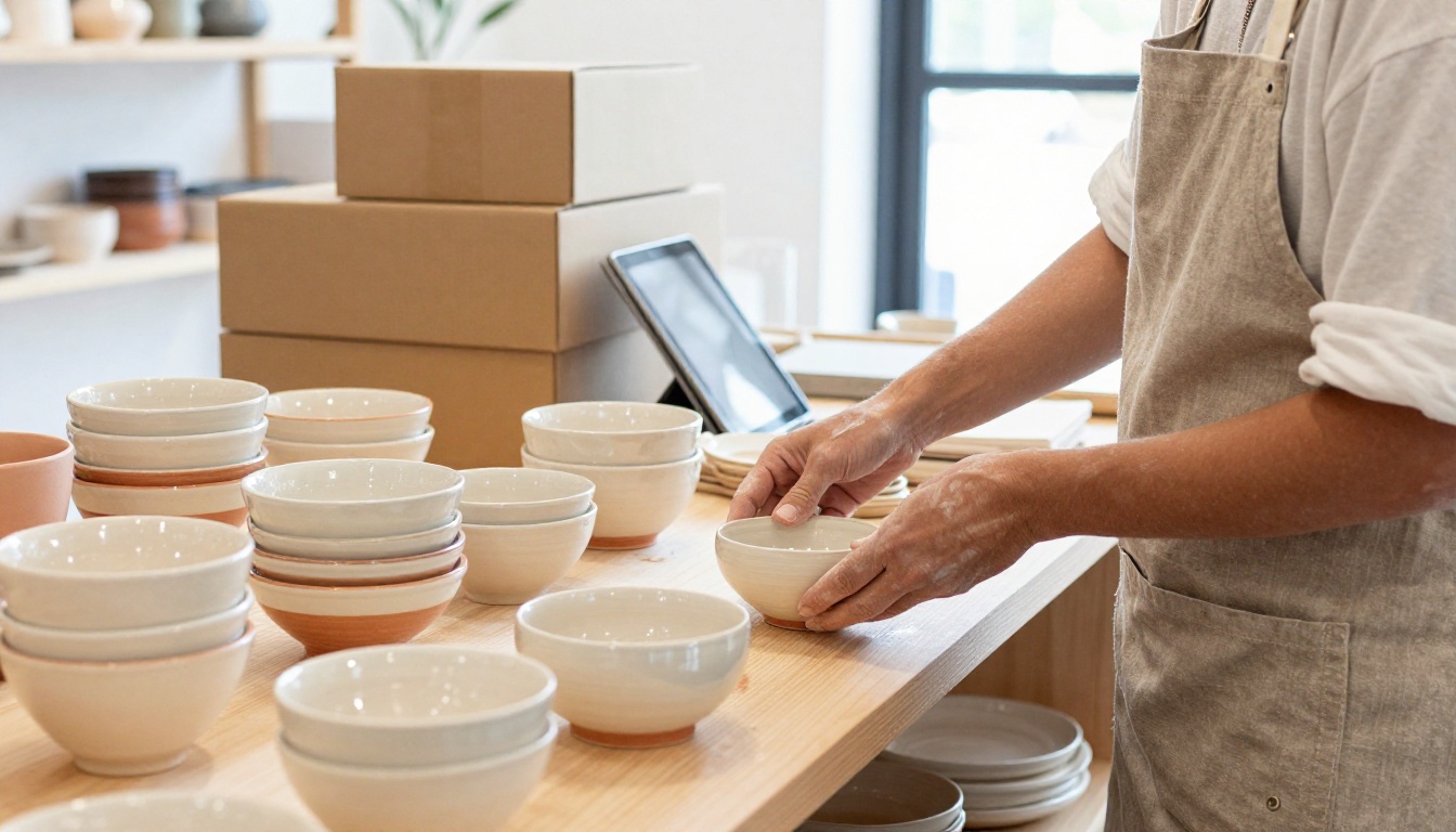 A ceramics shop owner arranging handmade bowls on a wooden shelf in a bright boutique