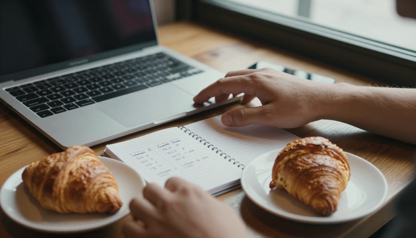 A developer's hands on a laptop beside a notebook of hand-drawn price columns