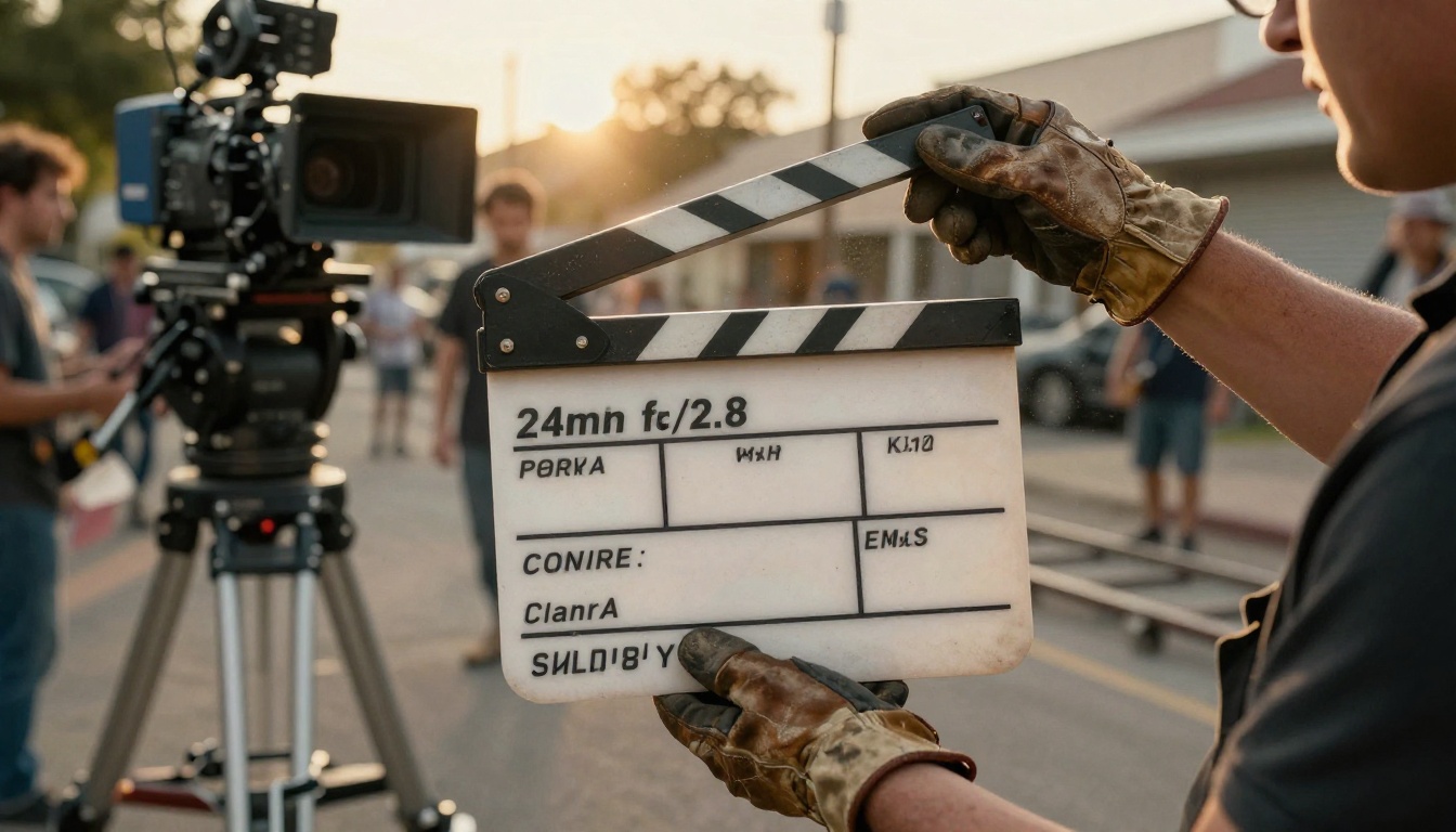 A film crew member holding a blank clapperboard in front of a cinema camera at golden hour