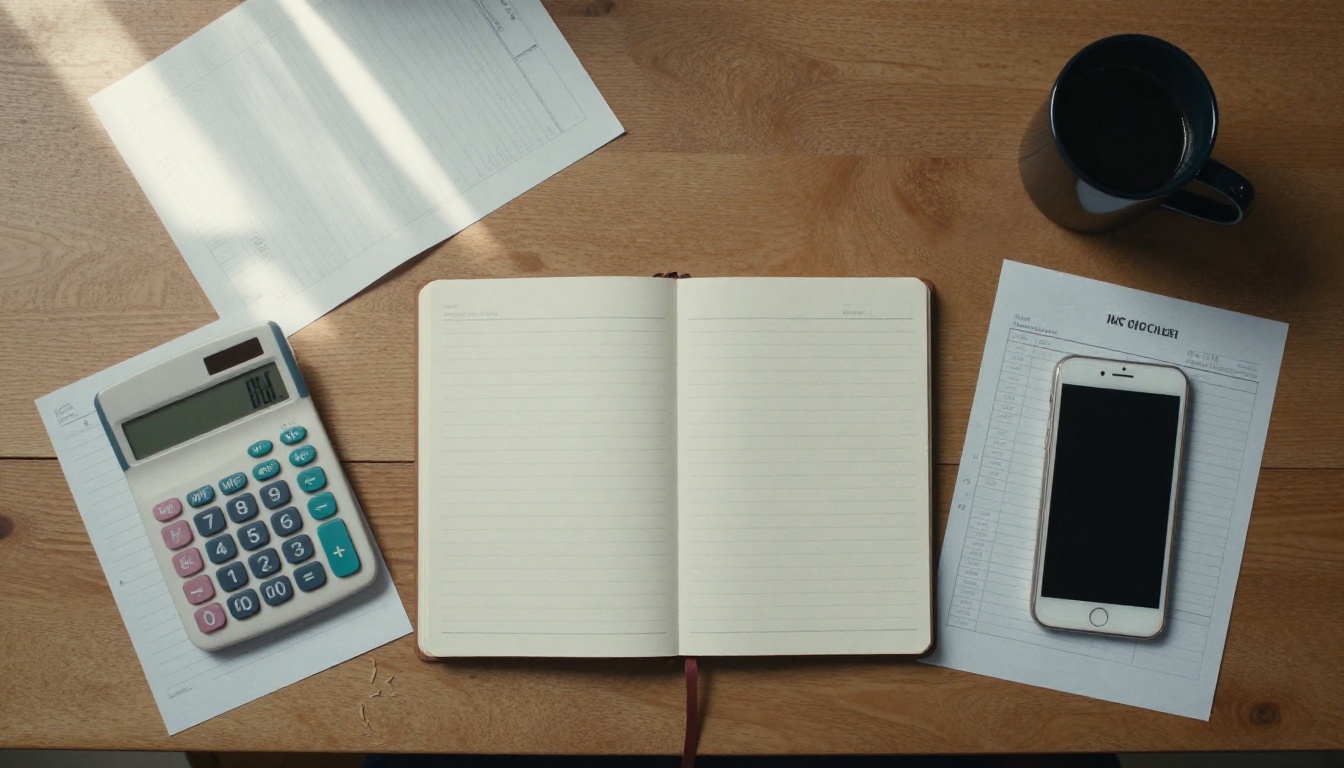 A top-down view of a desk with notebooks, a calculator and a printed price sheet
