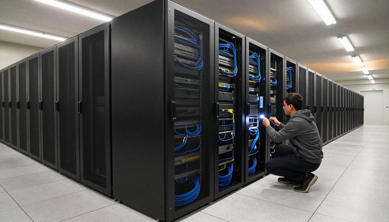 A technician inspecting a server rack in a quiet data center aisle
