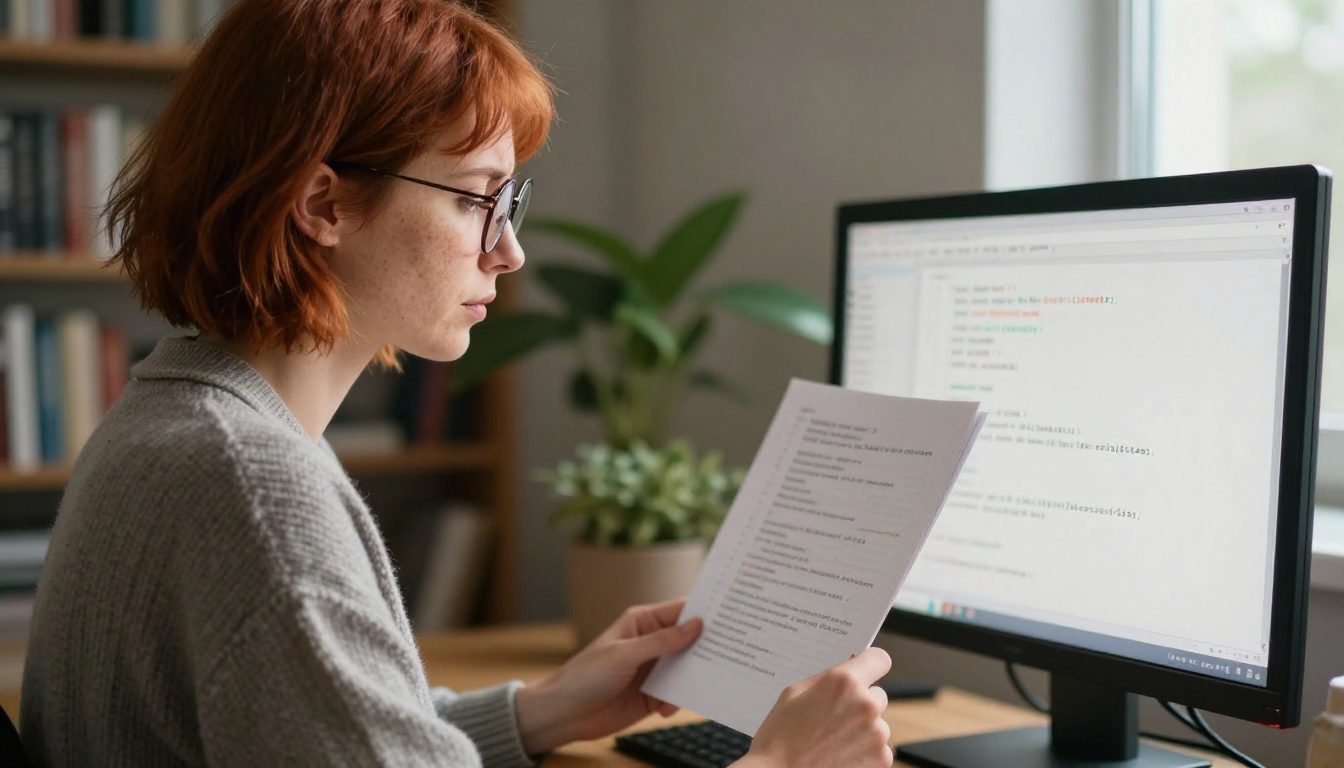 A woman in round glasses reading dense documentation at a standing desk