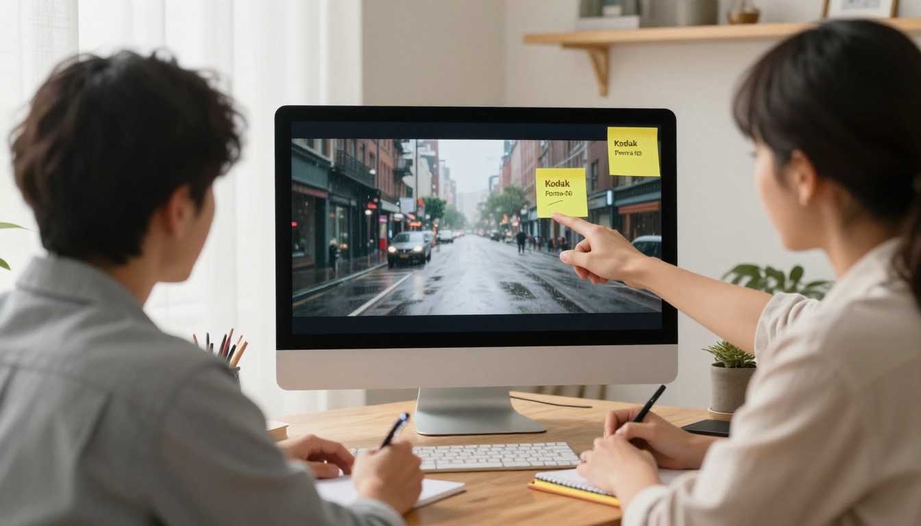 Two friends reviewing a paused frame of a rainy street on a large monitor