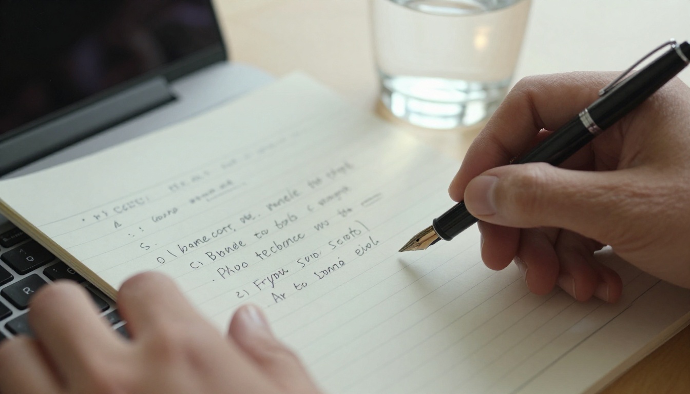 A writer's hands beside a handwritten list of scene ideas