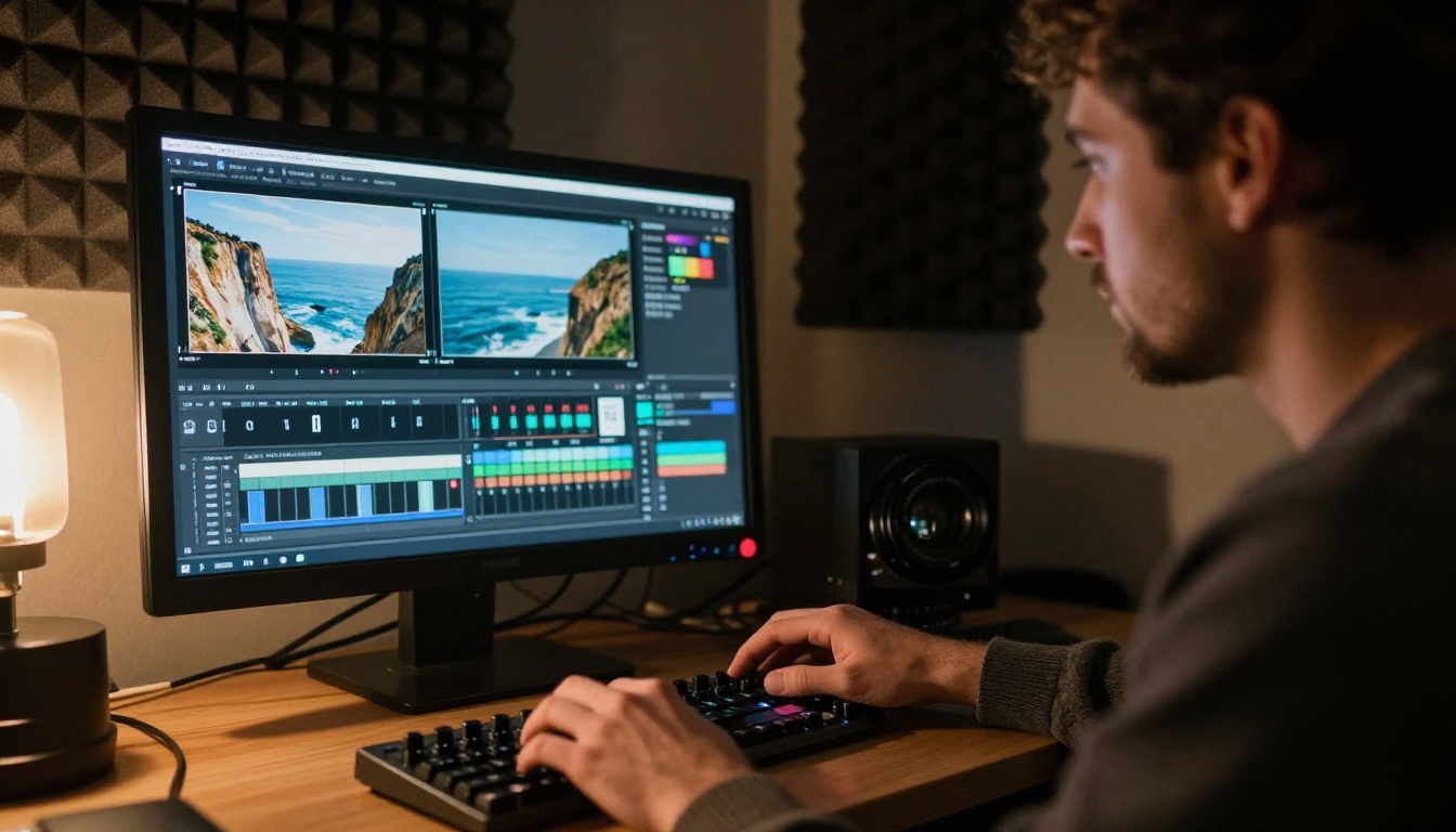 A cinematographer reviewing color-graded coastal footage in a dim editing suite