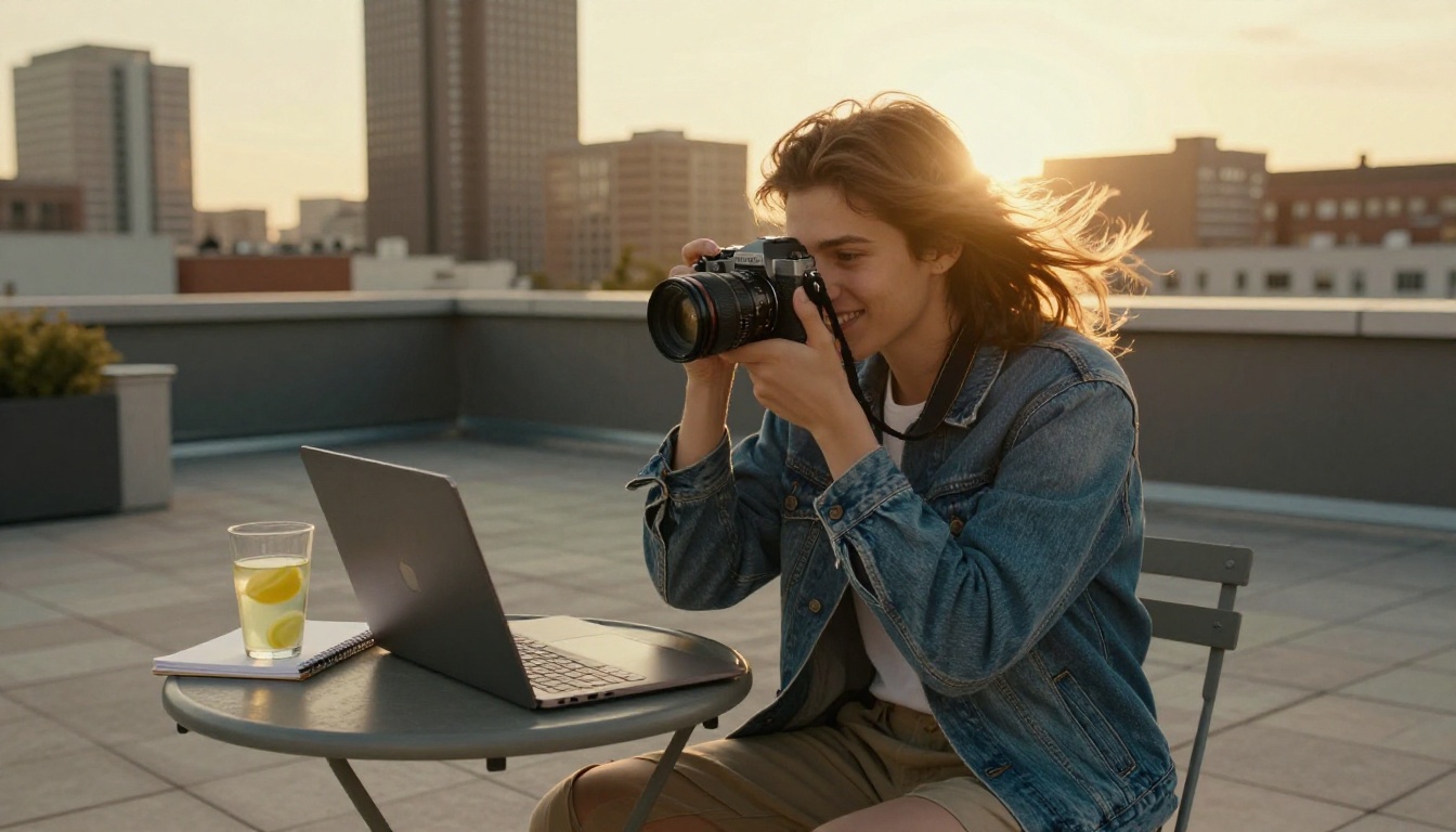 A young creator on a rooftop terrace holding a camera toward the skyline