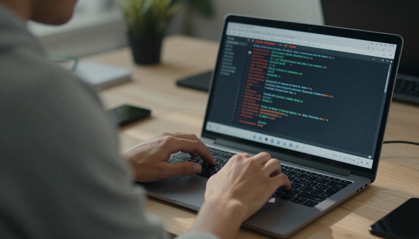 Software developer at a laptop with a terminal showing a red error line