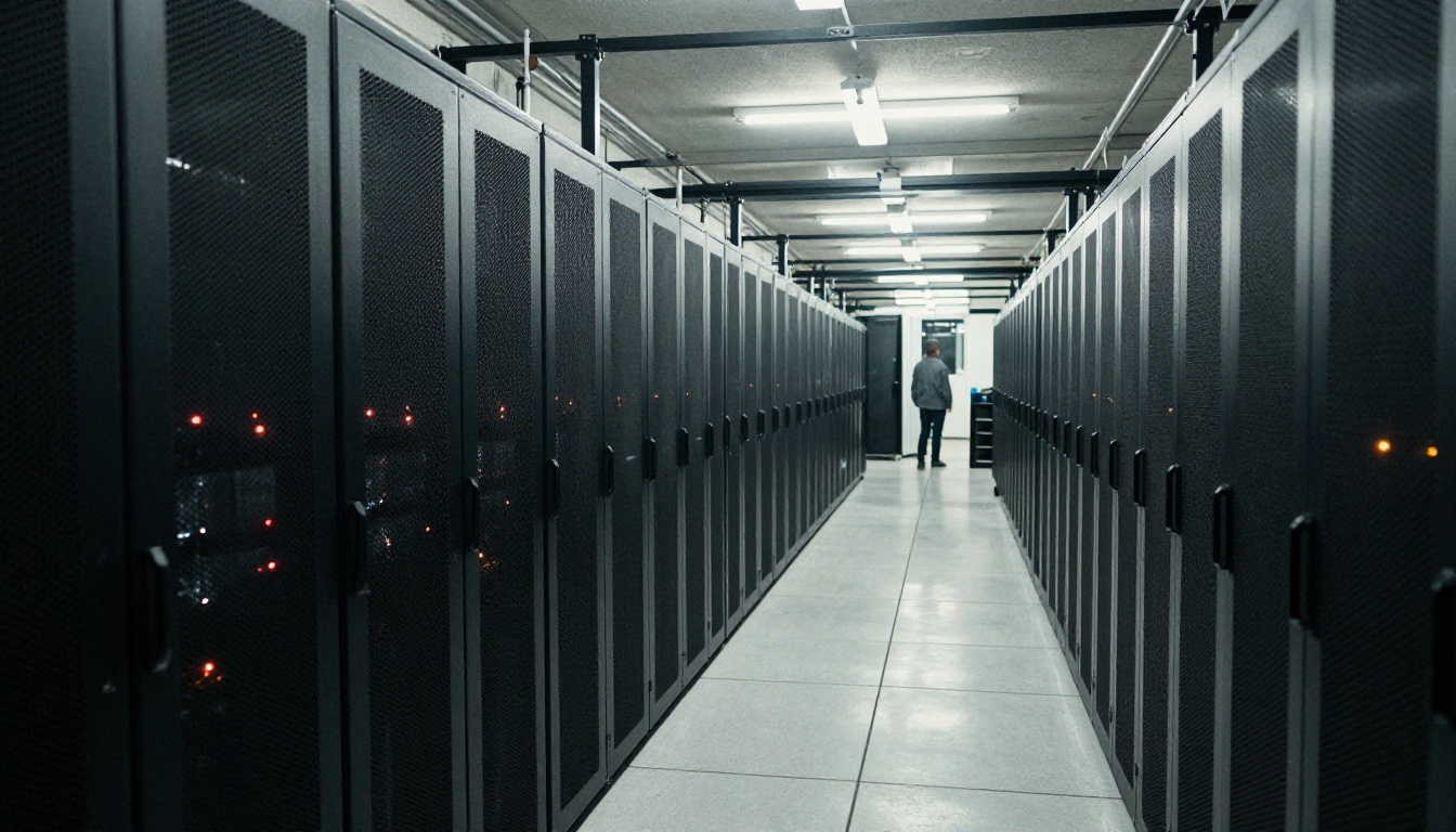 Long aisle of black server racks in a data center