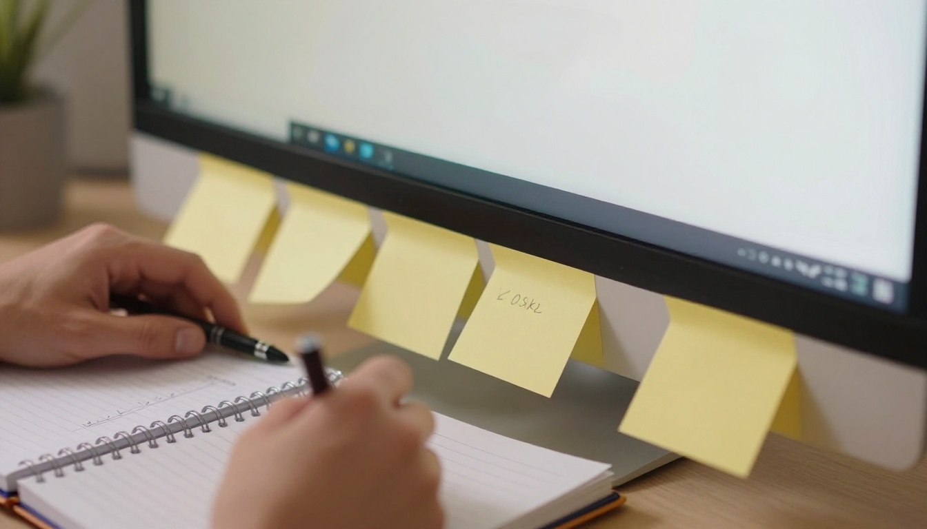 Hands arranging sticky notes along a monitor next to a handwritten checklist
