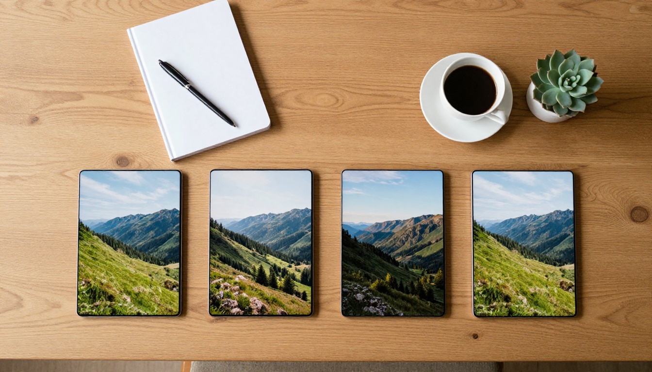 Four tablets in a row on an oak table beside a notebook and coffee