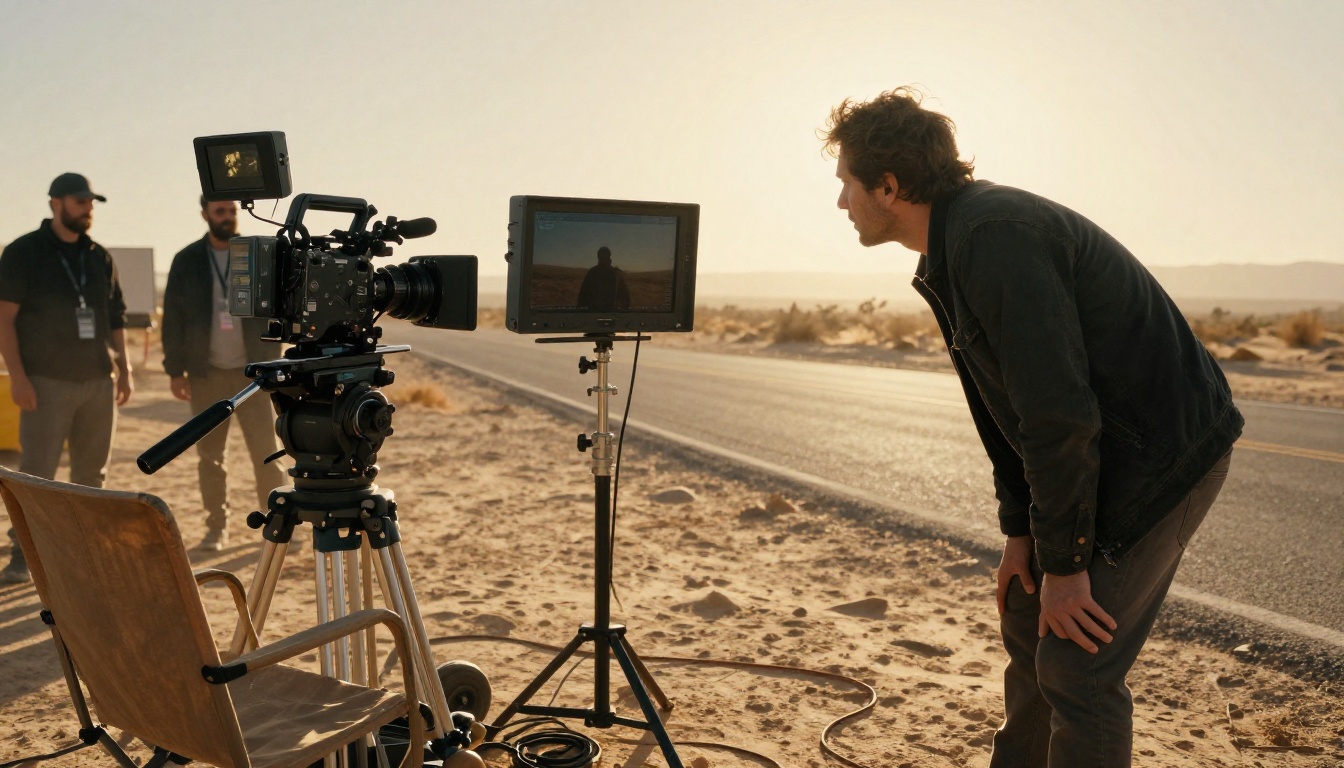 Director leaning toward a field monitor on a film set at golden hour