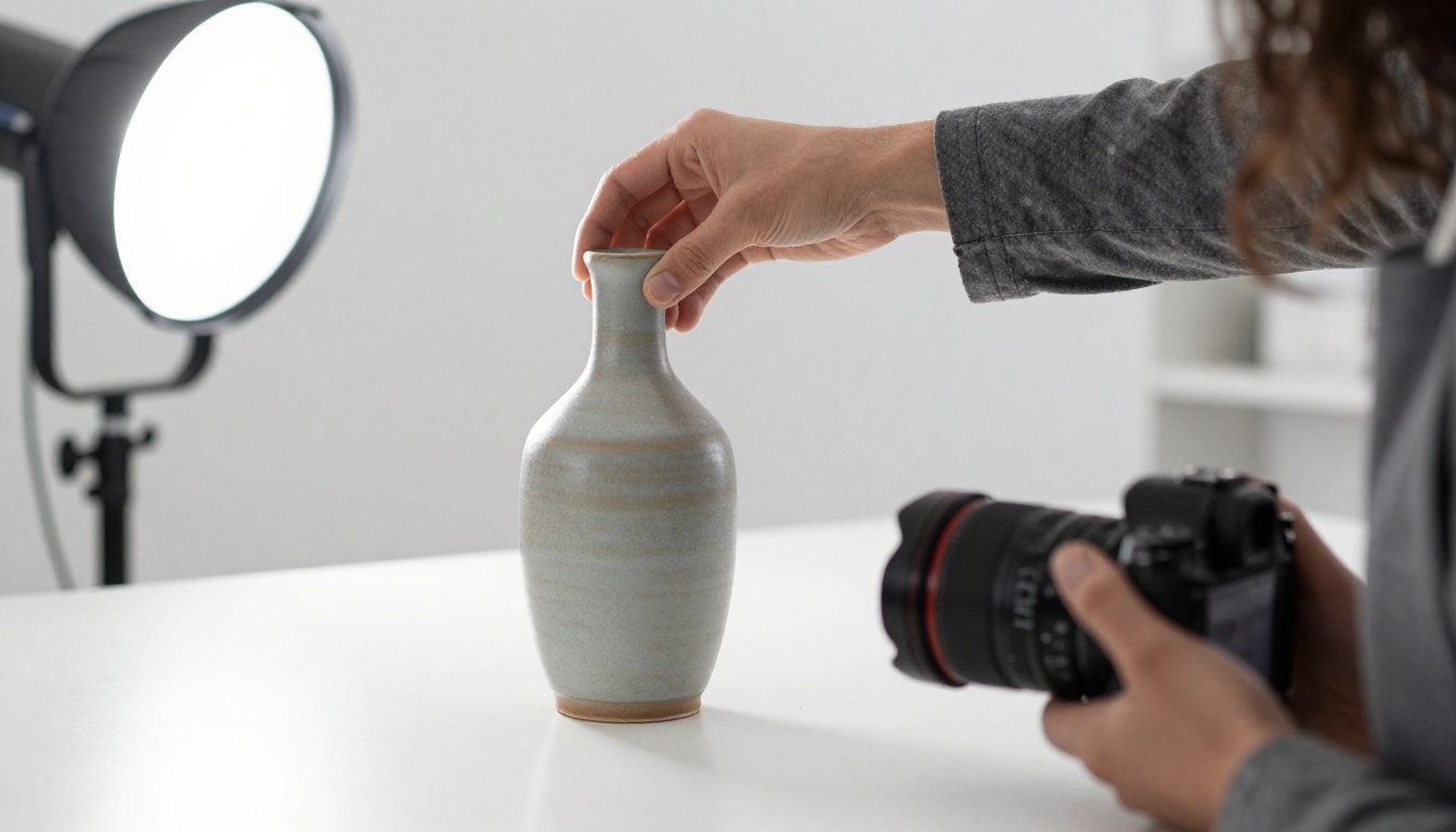 Product photographer adjusting a ceramic bottle in a bright studio