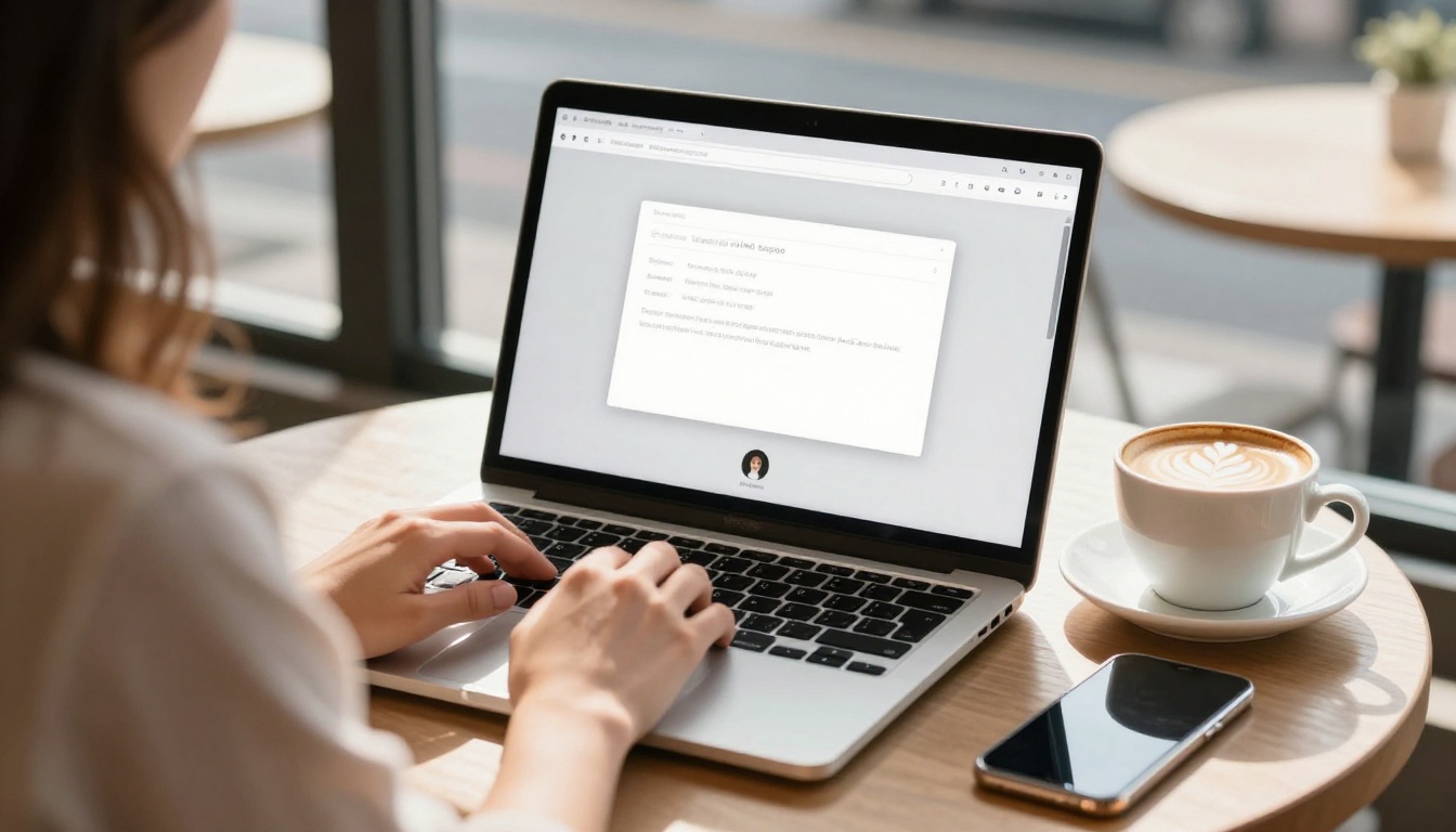 Woman typing on a laptop at a sunny cafe window table