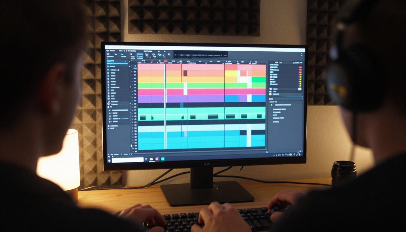Video editor working at a timeline in a dim editing suite