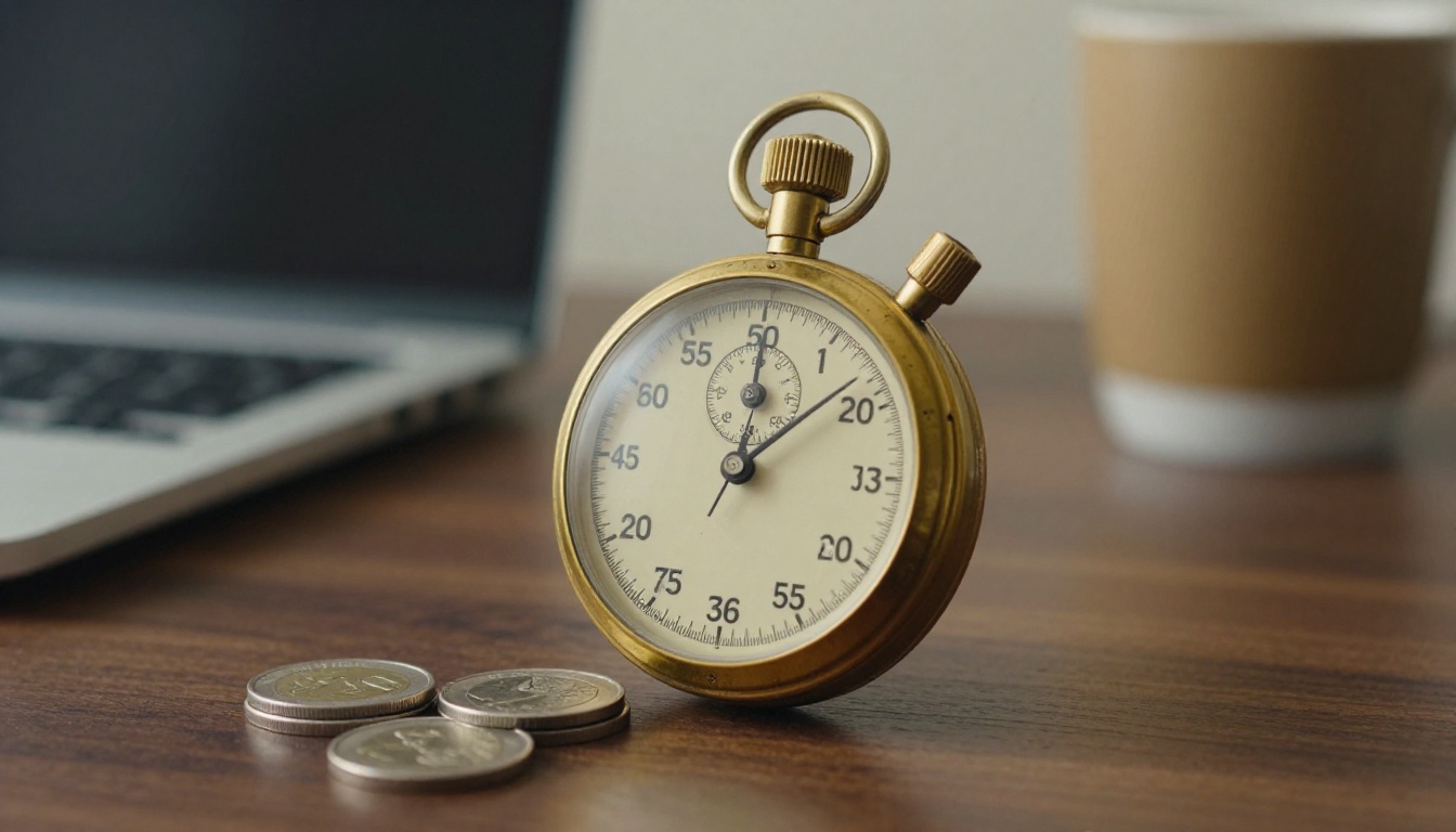 A brass stopwatch standing upright on a stack of silver coins on a dark walnut desk