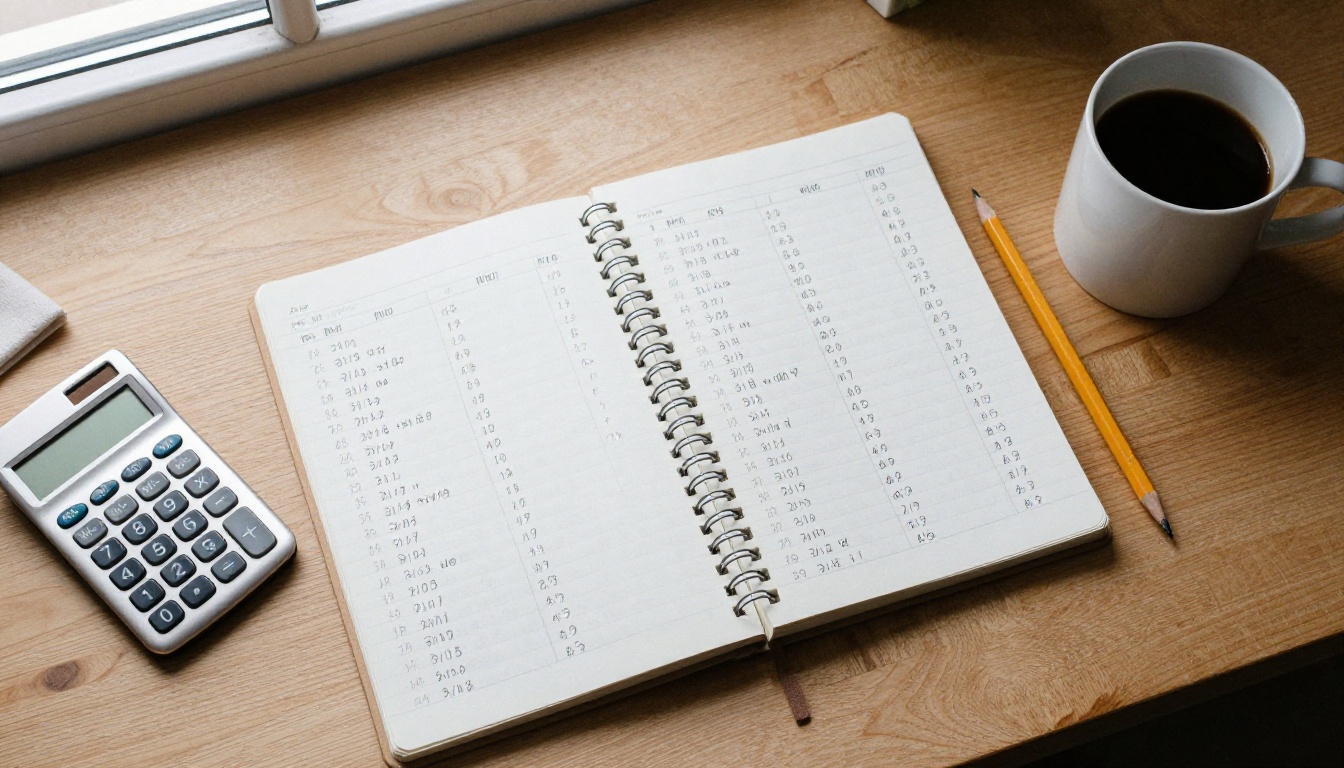 Top-down view of a notebook filled with handwritten sums beside a calculator, pencil and coffee mug