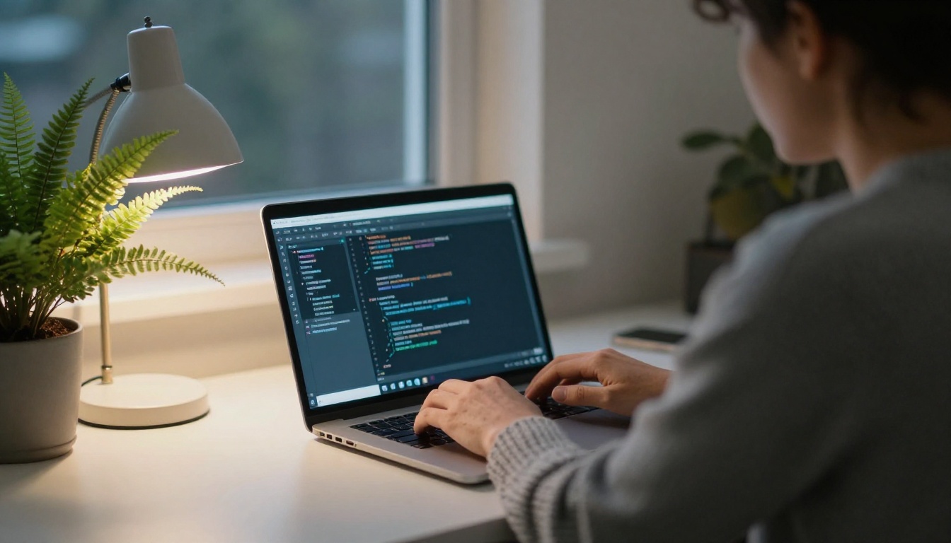 A software developer in a gray knit sweater typing on a laptop at a tidy home office desk