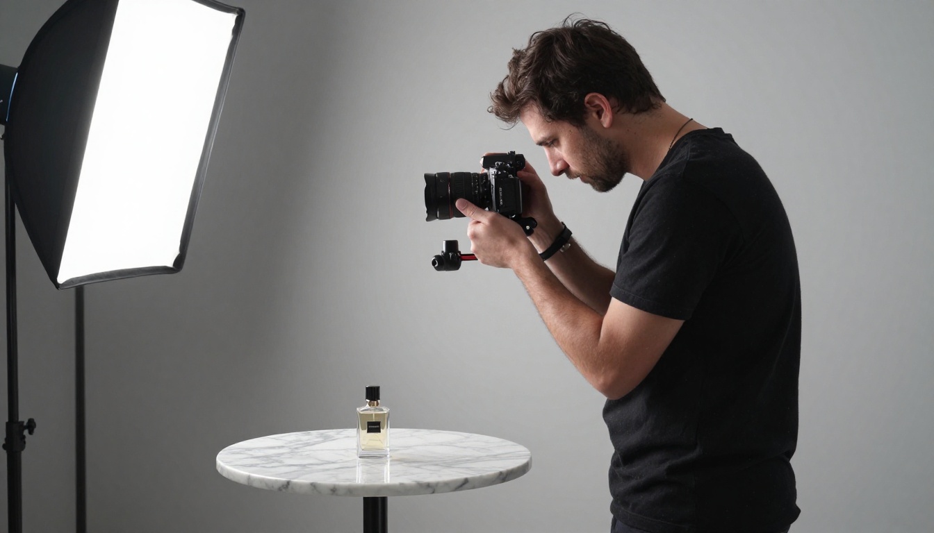 A cinematographer operating a mirrorless cinema camera on a gimbal while filming a perfume bottle on a marble slab