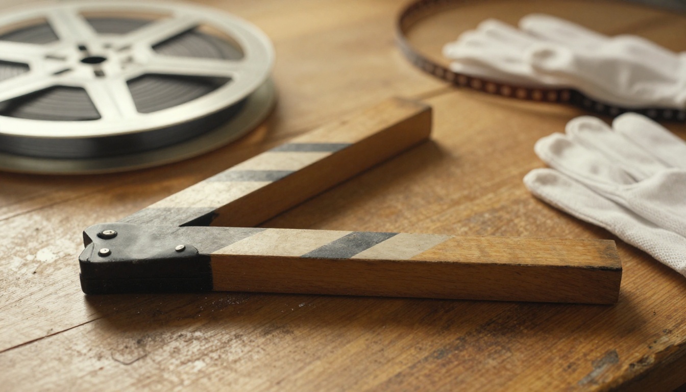 A blank wooden clapperboard beside a vintage film reel and white cotton gloves on an oak table