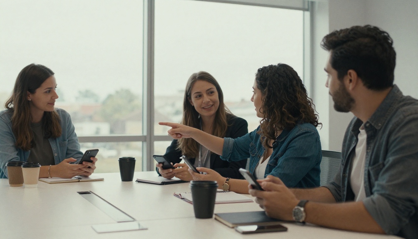 Three marketers around a white table comparing vertical video clips on their smartphones