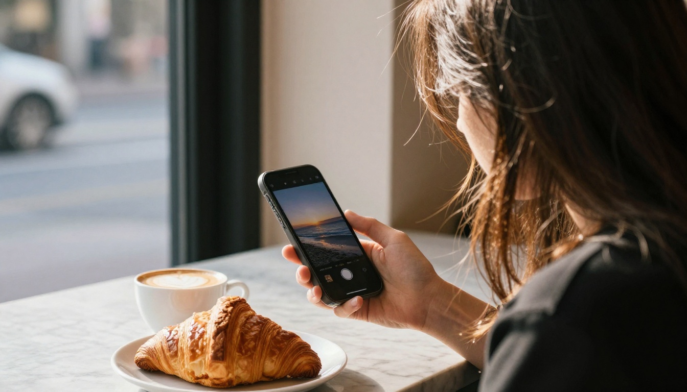 A young woman in a cafe holding a smartphone in portrait orientation with a flat white and croissant on the table