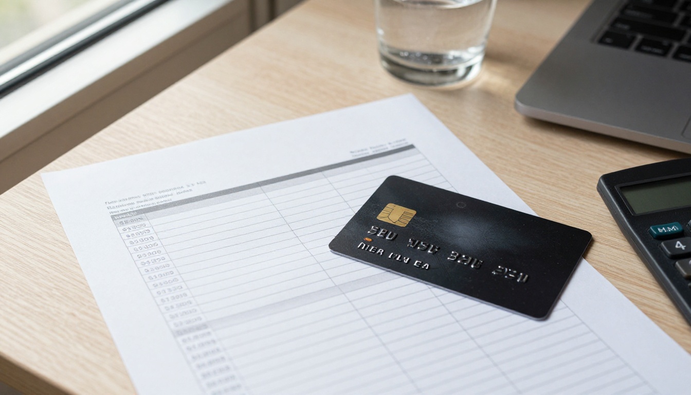A printed monthly billing statement with a black credit card and calculator on a pale oak desk