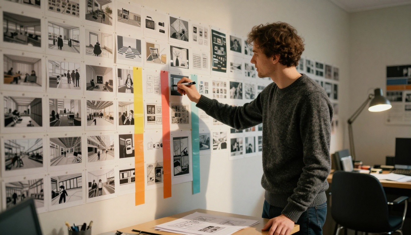 A creative director in a charcoal sweater studying a wall of pinned storyboard photographs