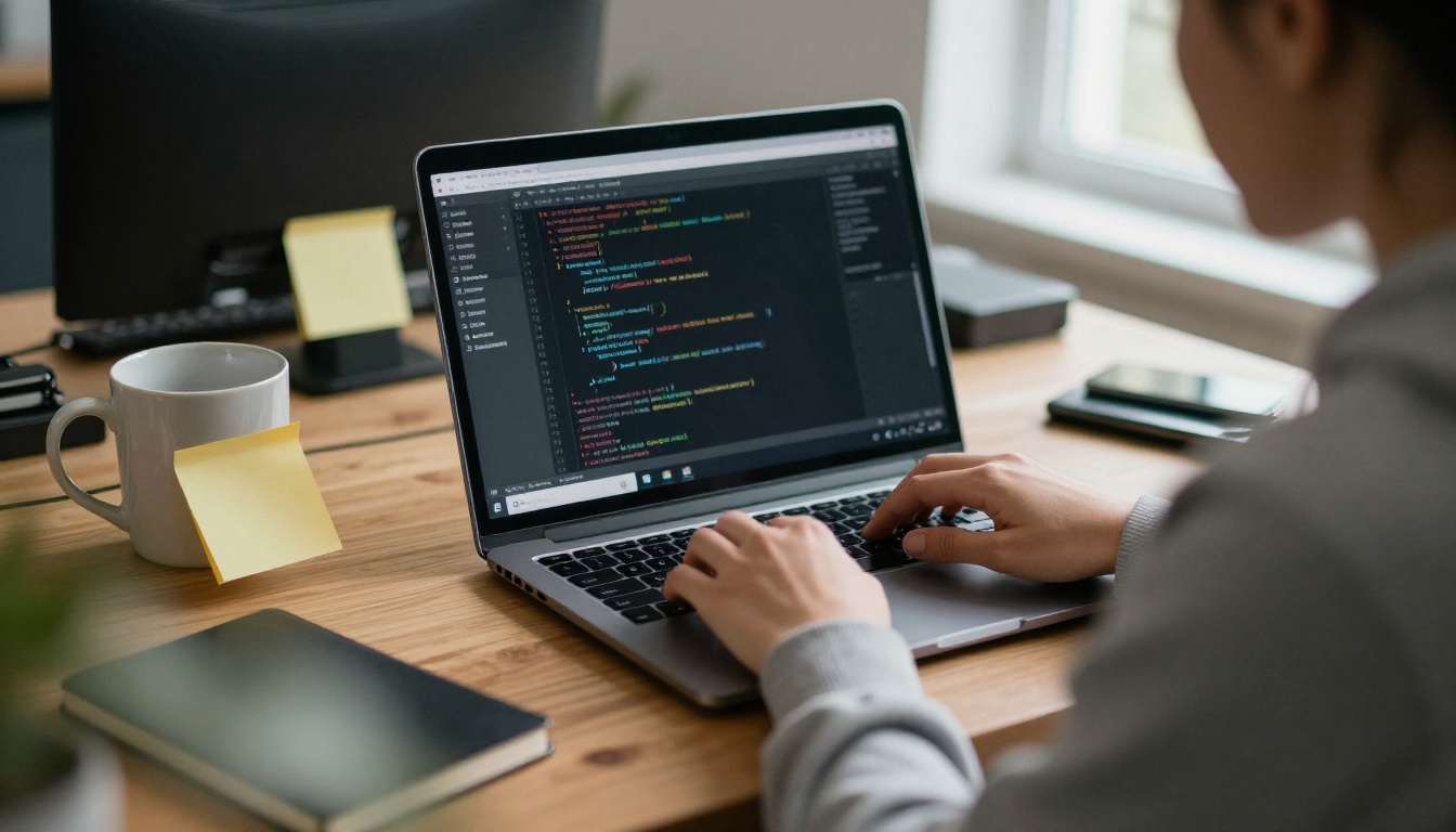 Developer typing at a laptop in a bright co-working space while checking Veo 3.1 model specs