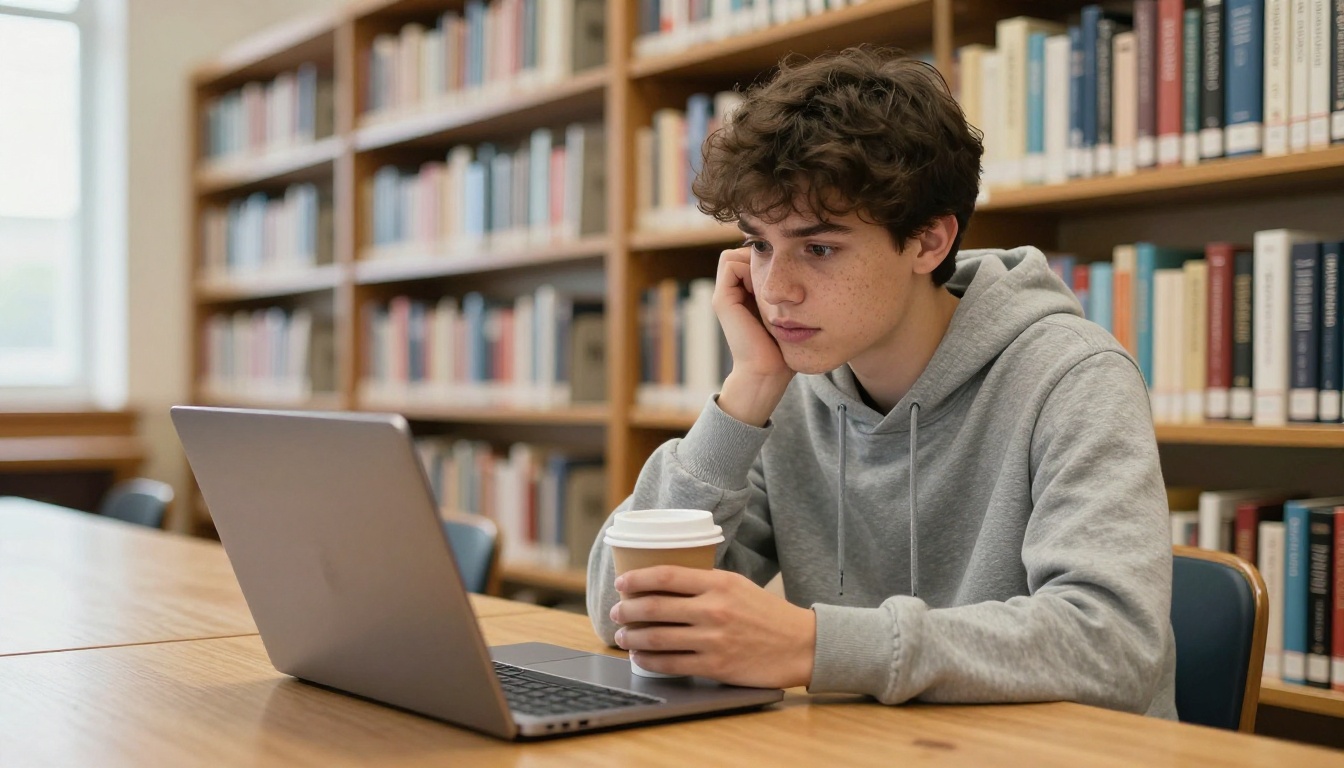 Student at a library table looking puzzled at a laptop after a Veo 3.1 free tier error