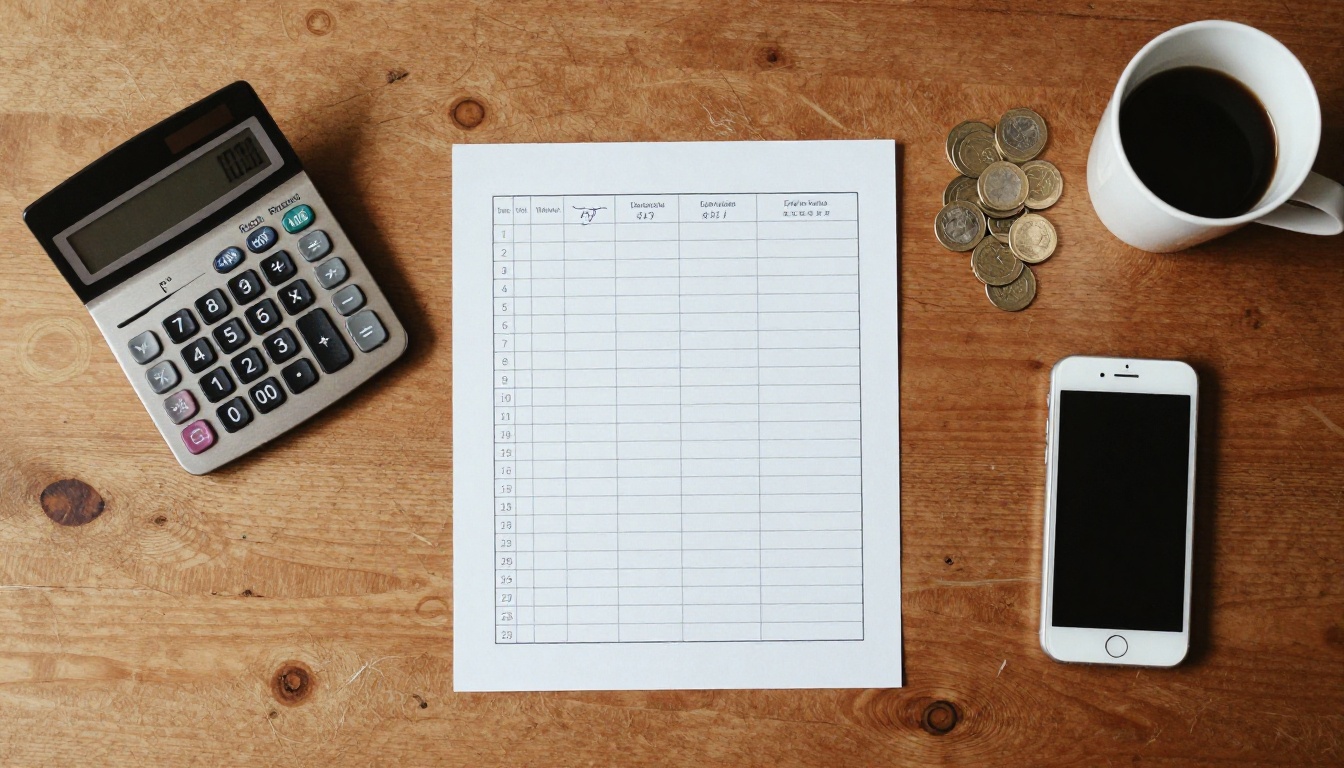 Overhead flat lay of a calculator, spreadsheet and coffee used to budget Veo 3.1 video costs