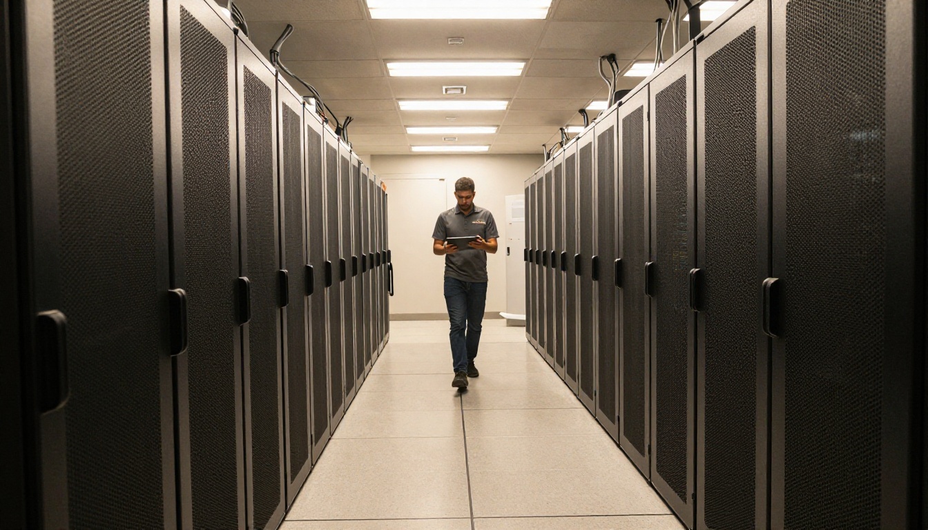 Technician walking down a server aisle, a picture of project based Gemini API rate limits