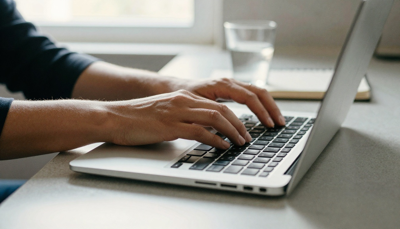 Hands typing a Veo 3.1 prompt on a laptop at a bright kitchen counter