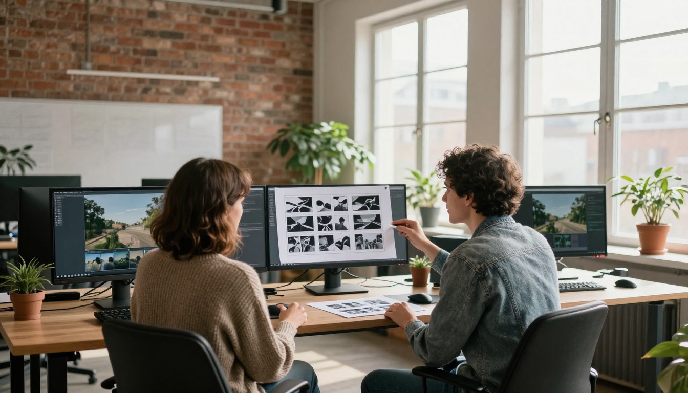 Two colleagues comparing printed storyboard frames and paused clips before a final Veo 3.1 render
