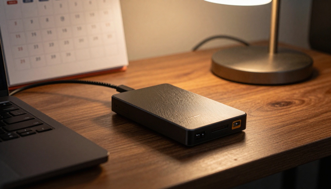 External hard drive and memory card reader beside a wall calendar for storing Veo 3.1 clips