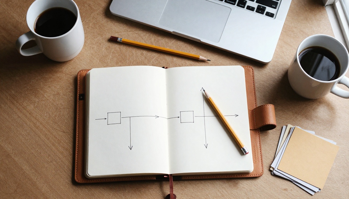 Overhead view of a walnut desk with a notebook sketch, pencil, laptop and coffee