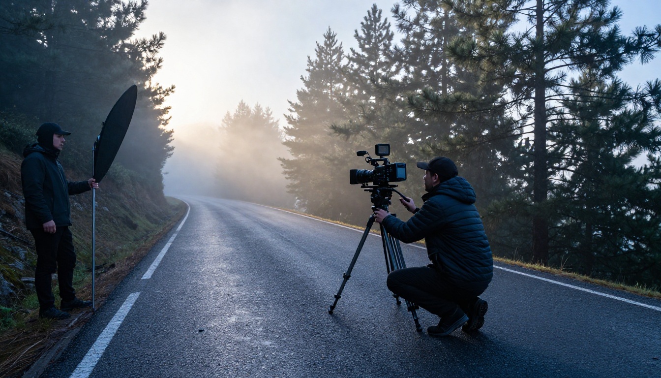 Small film crew shooting on a misty mountain road at dawn