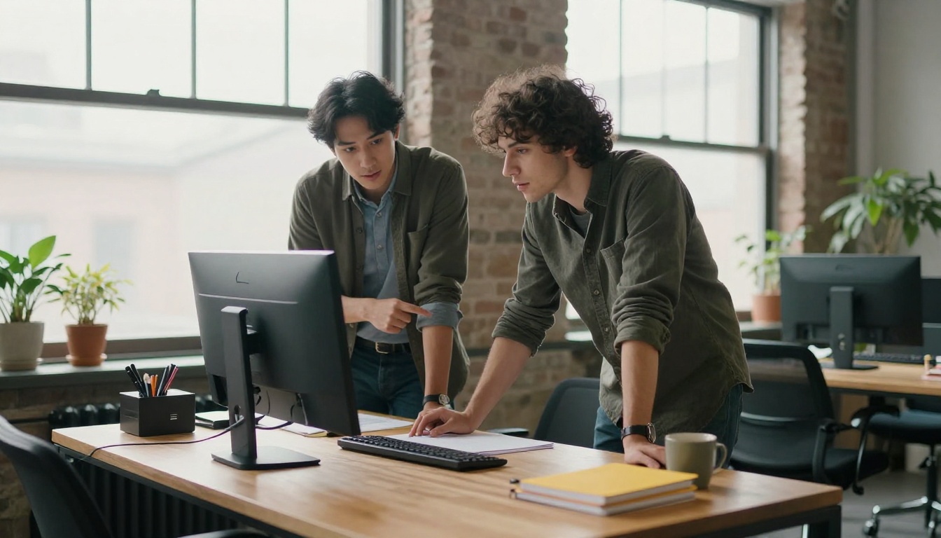 Two developers reviewing a monitor together at a standing desk