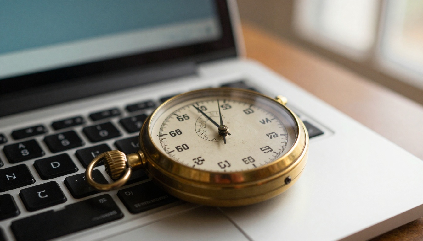 Macro shot of a brass stopwatch resting beside a laptop