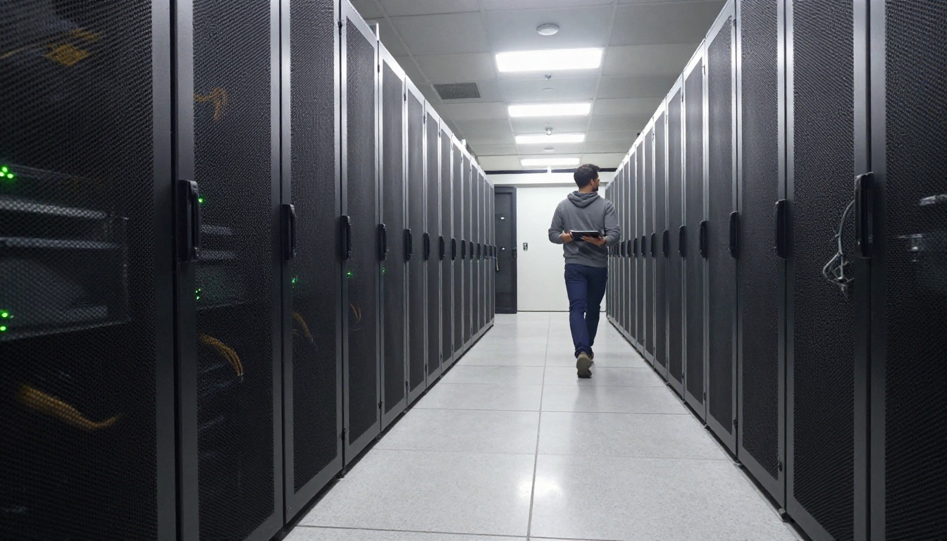 Low-angle view down a long server aisle with a technician walking away